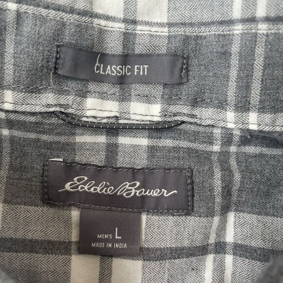 Eddie Bauer Shirt Mens Large Grey White Plaid Casual Button Up Classic Fit - Picture 3 of 7